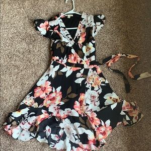 Pink and Black Floral Print Wrap Waist Dress